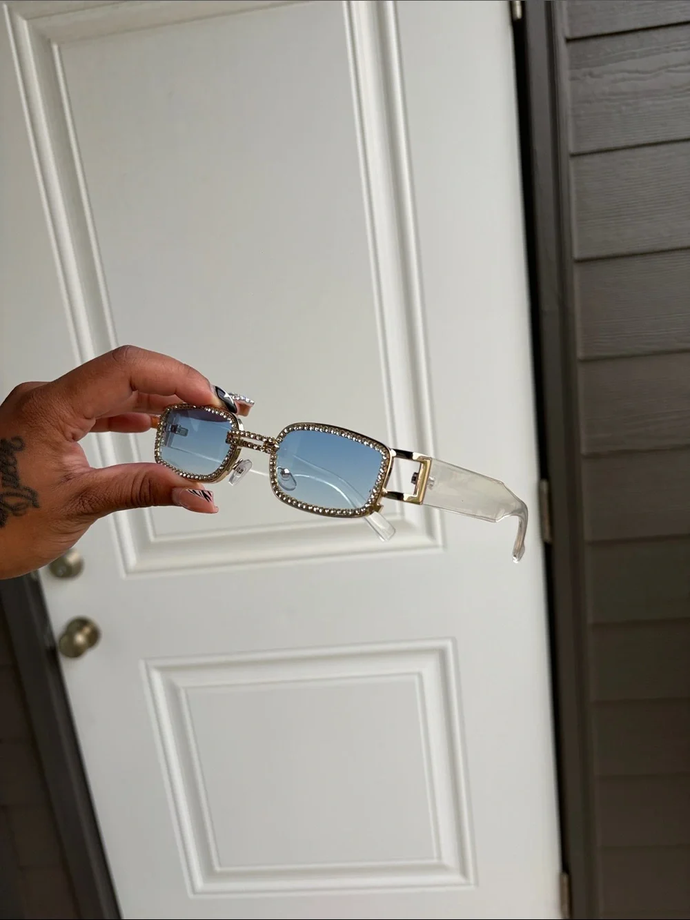 Women's Gold Bedazzled Sunglasses with Blue Lenses